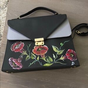 Floral Black and Gray Handbag shoulder bag, hand painted!